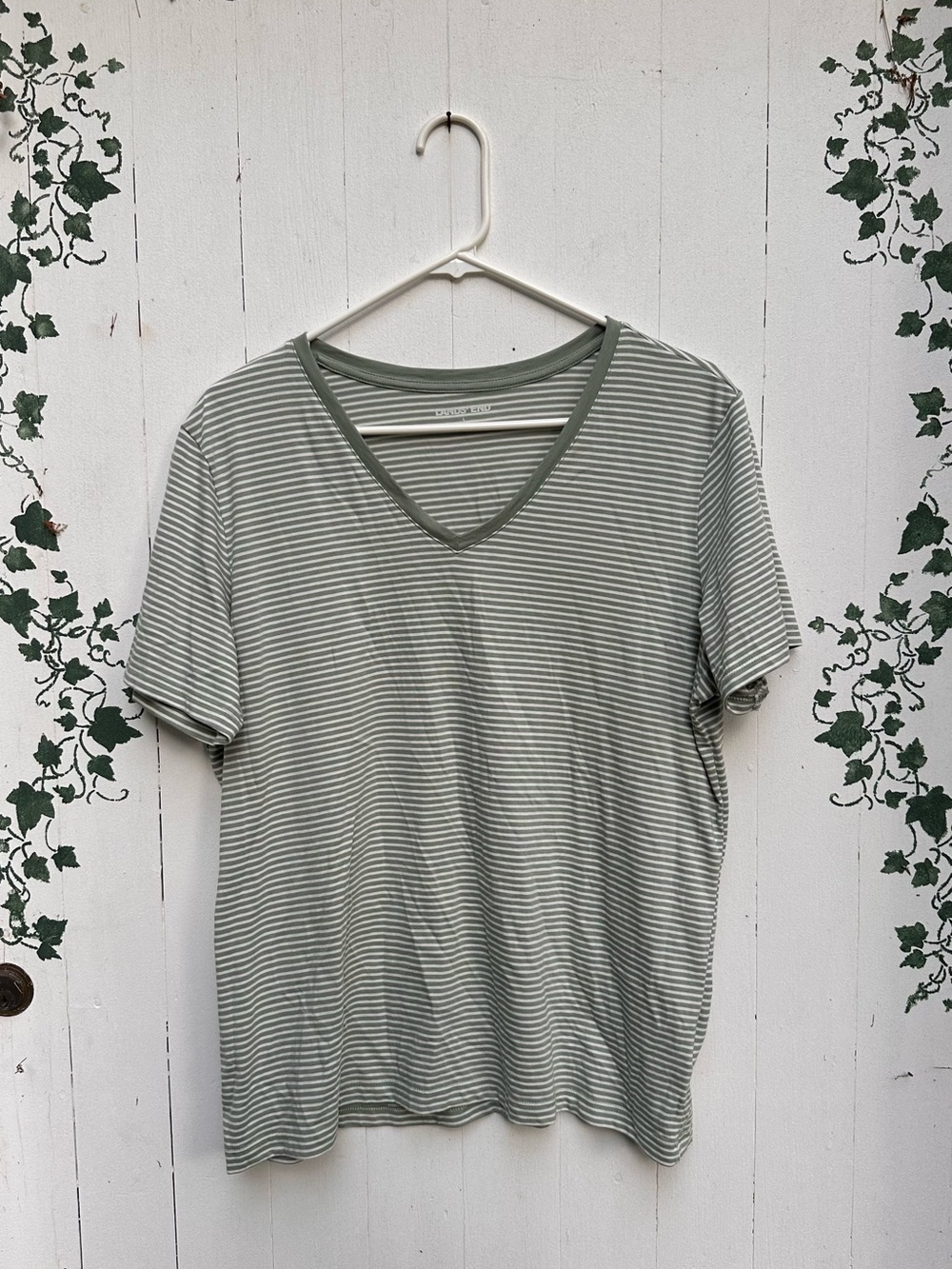 100% Cotton Basic Striped V-Neck Short Sleeve Top - Sage/White by Land’s End